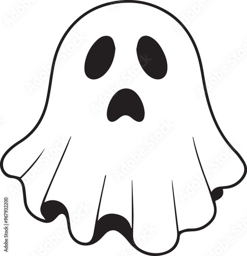 A simple and minimalist silhouette of a cheerful ghost. The ghost is completely white with a wide, friendly smile and large oval eyes, giving it a playful and approachable appearance	