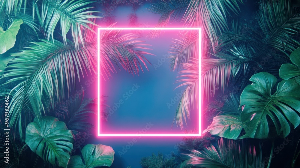 Vibrant Pink Neon Frame Surrounded by Tropical Leaves Vibrant Pink Neon Frame Surrounded by Tropical Leaves