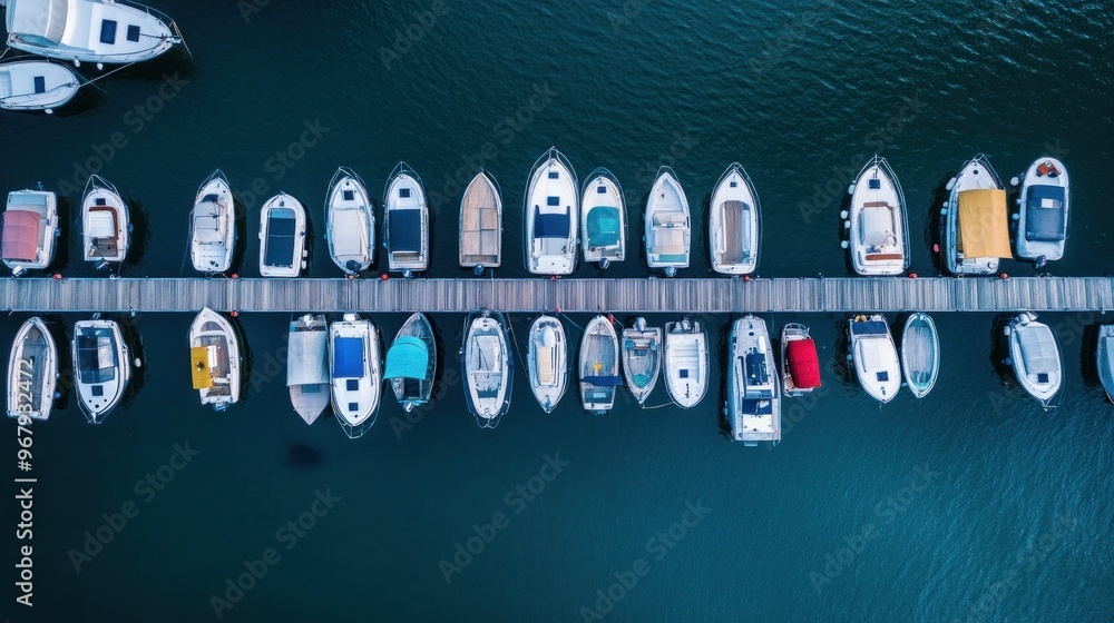 Aerial view of boats docked at a pier on calm water. Aerial view of boats docked at a pier on calm water.