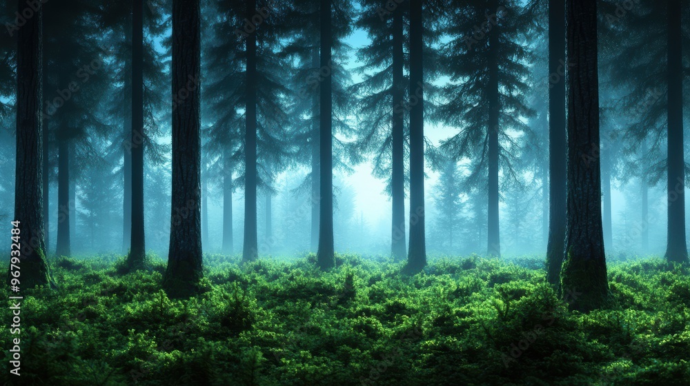 Obraz premium The soft light of dusk bathes a quiet forest, the trees standing tall and silent, the air filled with the stillness of twilight.
