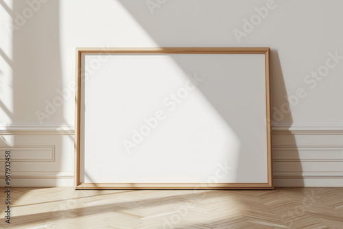 Horizontal frame on floor mockup blank poster. Wooden frame mock up empty print background. Wood picture frame in room. Gallery design modern interior