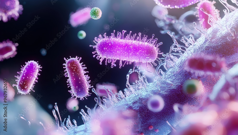 Bacterial colony interacting with human cells, dynamic shapes, a mix of translucent and solid textures, illuminated in a high-tech laboratory setting Bacterial colony interacting with human cells, dynamic shapes, a mix of translucent and solid textures, illuminated in a high-tech laboratory setting