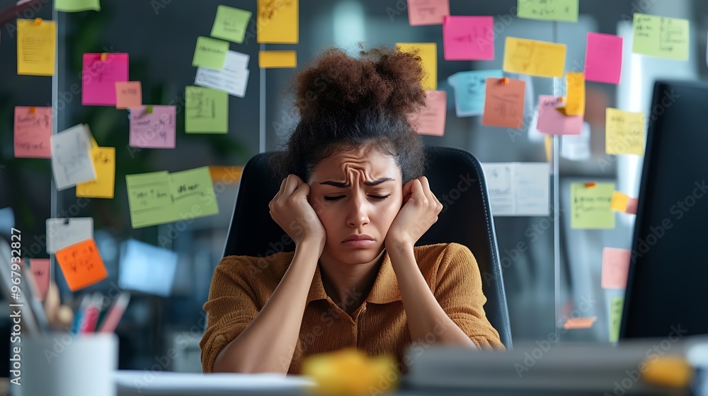 Overwhelmed Business Professional Sitting at Desk Surrounded by Sticky Notes and Reports Overwhelmed Business Professional Sitting at Desk Surrounded by Sticky Notes and Reports
