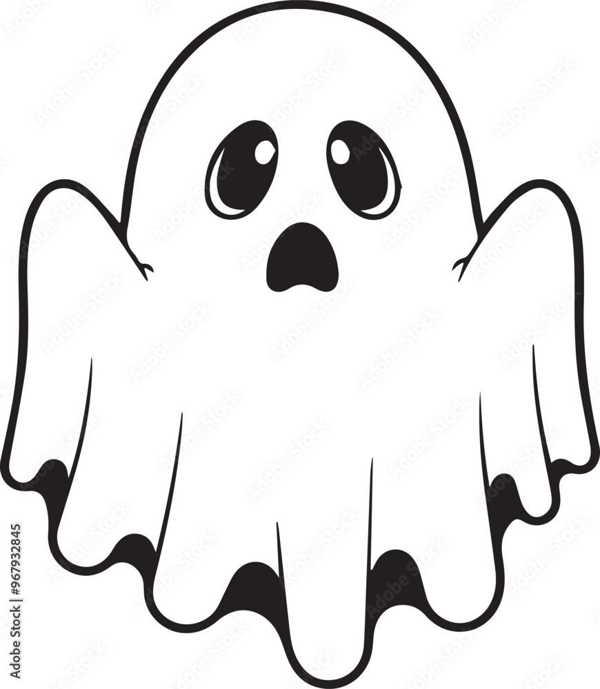 A simple and minimalist silhouette of a cheerful ghost. The ghost is completely white with a wide, friendly smile and large oval eyes, giving it a playful and approachable appearance A simple and minimalist silhouette of a cheerful ghost. The ghost is completely white with a wide, friendly smile and large oval eyes, giving it a playful and approachable appearance