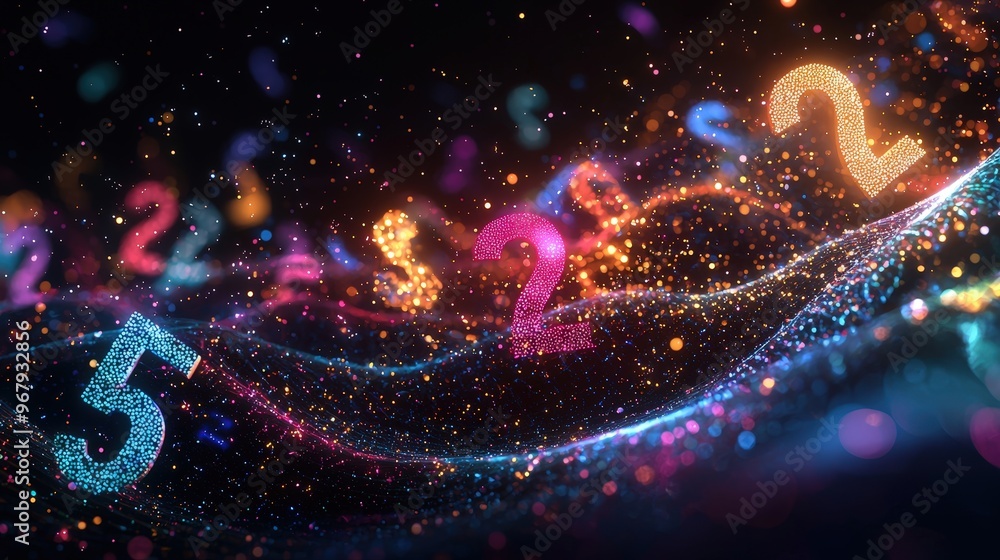 Obraz premium Futuristic Digital Wave of Floating Numbers in a Starry Night Sky for Tech Designs