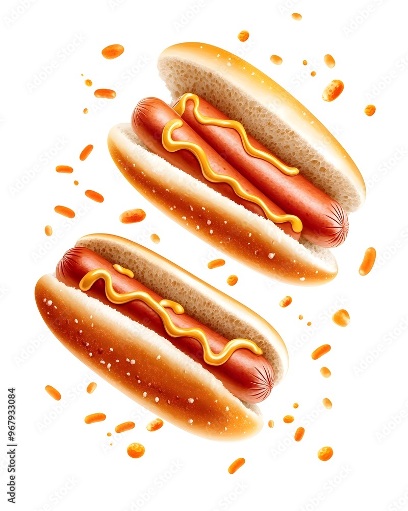 Two hot dogs with mustard on a white background. Two hot dogs with mustard on a white background.