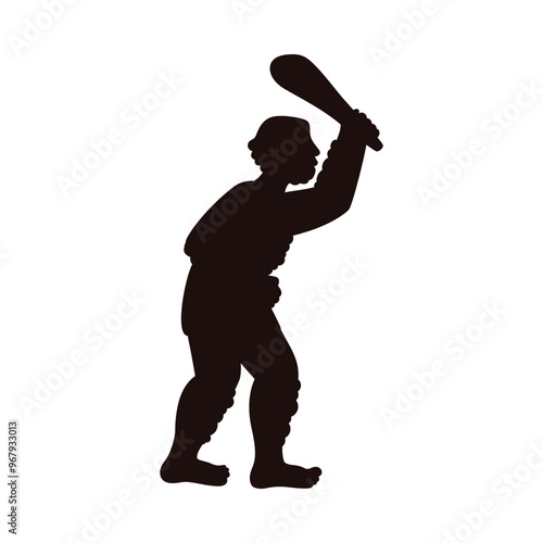 Vector illustration a black silhouette of a caveman holding a baton on a white background