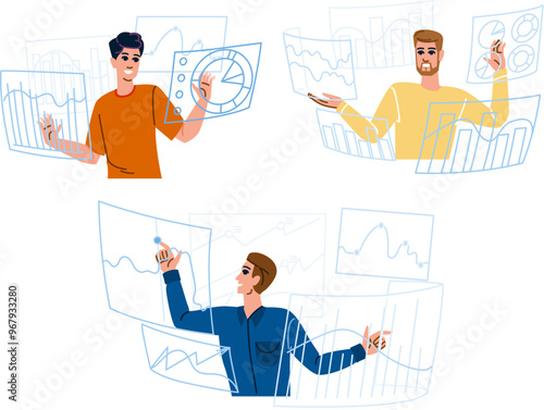graph man chart vector. statistics analysis, trends report, metrics perforce graph man chart character. people flat cartoon illustration