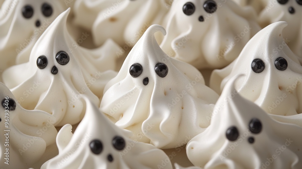 Ghost-shaped meringue cookies with little black eyes. Ghost-shaped meringue cookies with little black eyes.