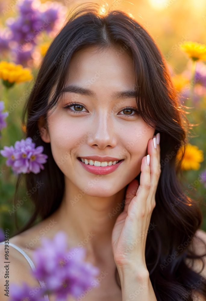 Beautiful Asian Woman Smiling in a Field of Flowers Beauty Wellness and Natural Skincare Concept Beautiful Asian Woman Smiling in a Field of Flowers Beauty Wellness and Natural Skincare Concept