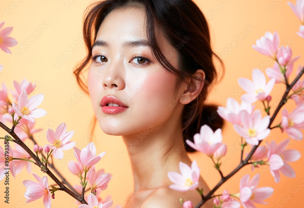 Beautiful Asian woman with healthy glowing skin posing with pink spring flowers skincare cosmetics and beauty concept Beautiful Asian woman with healthy glowing skin posing with pink spring flowers skincare cosmetics and beauty concept