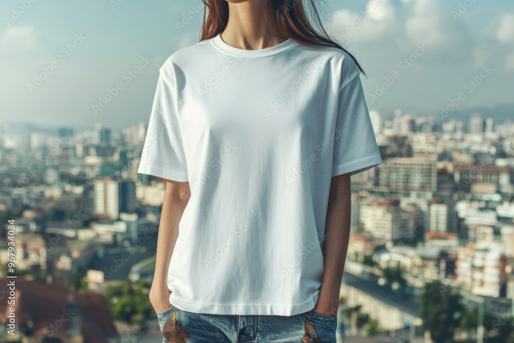 T-shirt worn by a model in an urban street wear style created with Generative AI T-shirt worn by a model in an urban street wear style created with Generative AI
