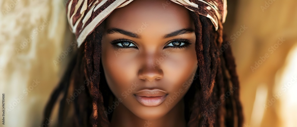 Obraz premium African woman with dreadlocks and headscarf looking at camera with intensity. Concept Portrait Focus, Dreadlocks Styling, Cultural Representation, Intense Gaze, Fashion and Identity
