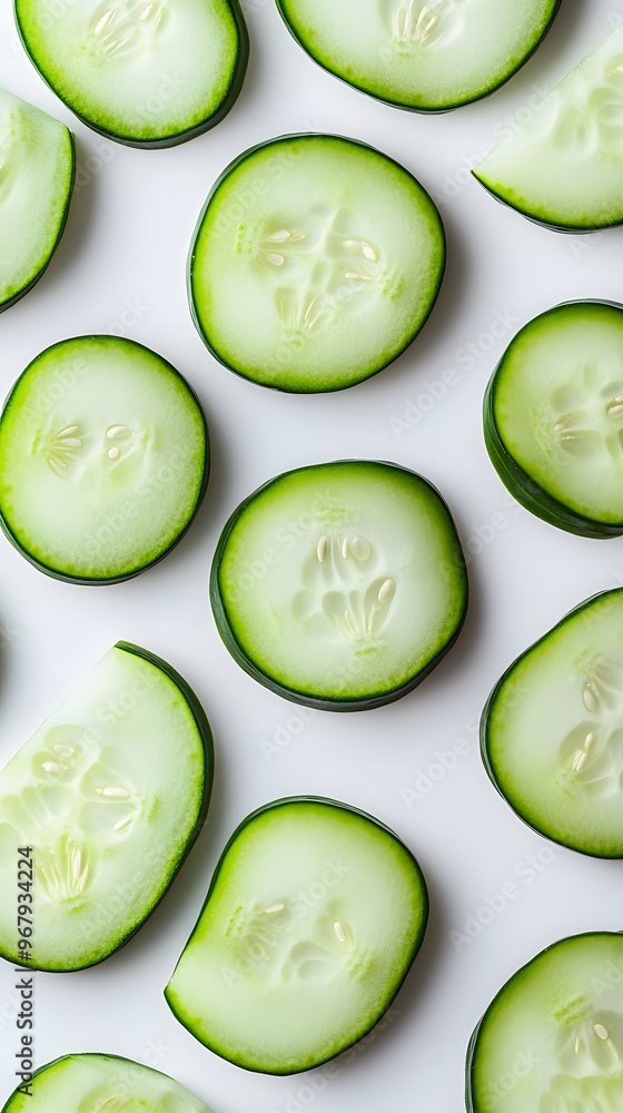 Sliced cucumbers arranged on a white background. Sliced cucumbers arranged on a white background.