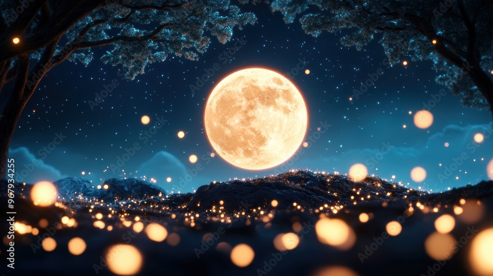 A giant, glowing moon rises over a whimsical landscape, casting its ethereal light on a world of wonder. A giant, glowing moon rises over a whimsical landscape, casting its ethereal light on a world of wonder.