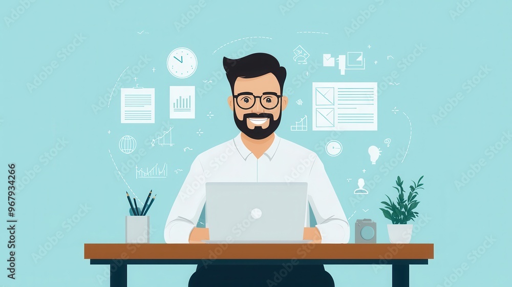 A businessman sits at his desk, looking at a vision board filled with successful projects and motivational quotes. His smile shows his belief in his goals., flat design illustration A businessman sits at his desk, looking at a vision board filled with successful projects and motivational quotes. His smile shows his belief in his goals., flat design illustration