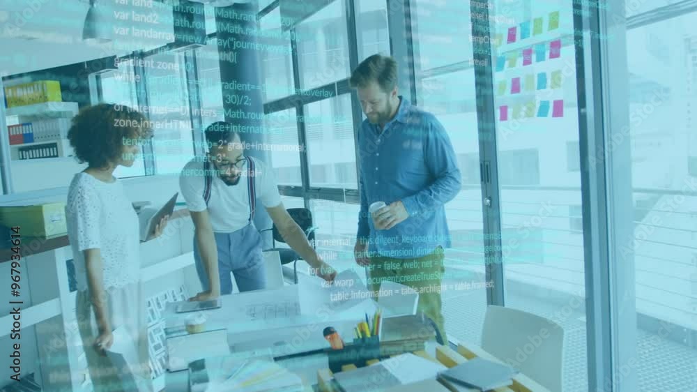 Animation of digital data processing over diverse business people in office Animation of digital data processing over diverse business people in office