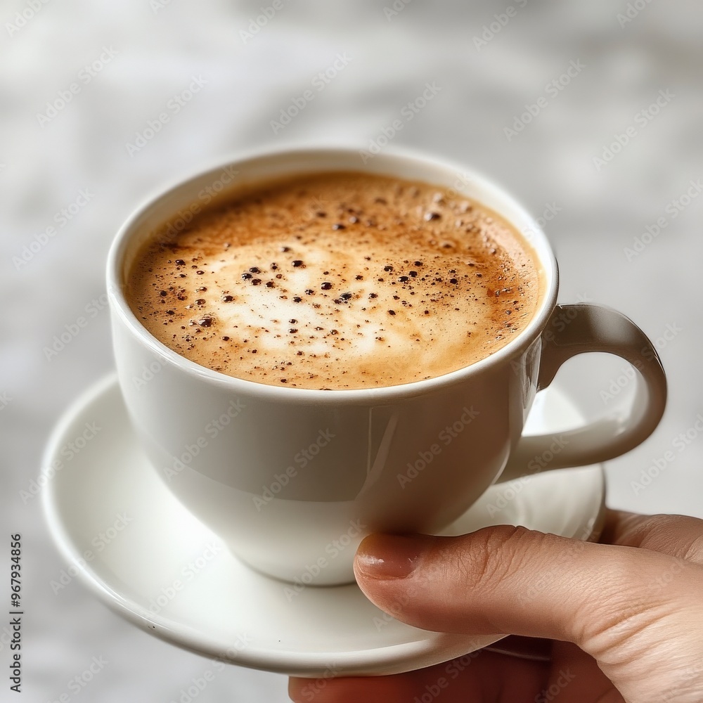 Top-Down View of Hand Holding Coffee Cup on Light Background Top-Down View of Hand Holding Coffee Cup on Light Background