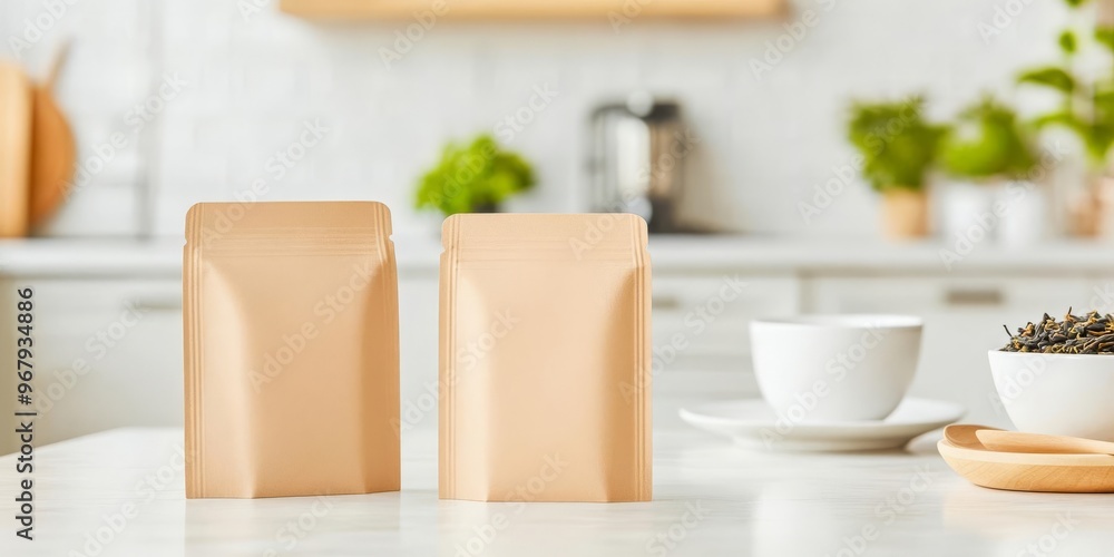 Blank tea pouch packaging with matte texture, styled in a cozy kitchen setting, warm and inviting visual appeal Blank tea pouch packaging with matte texture, styled in a cozy kitchen setting, warm and inviting visual appeal