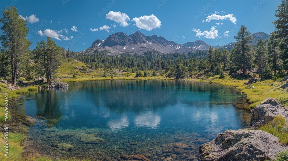 Serene mountain landscape with a tranquil lake and lush greenery. Serene mountain landscape with a tranquil lake and lush greenery.