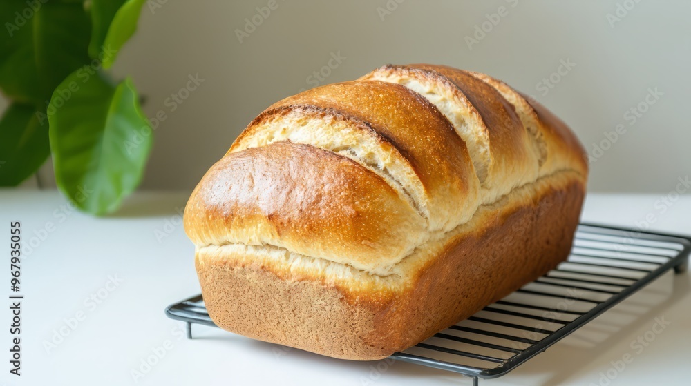Freshly baked loaf of bread on a cooling rack, showcasing a golden crust and soft interior. Perfect for culinary uses. Freshly baked loaf of bread on a cooling rack, showcasing a golden crust and soft interior. Perfect for culinary uses.