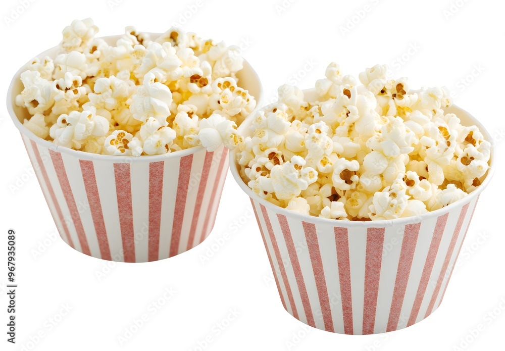 Two striped cups filled with fluffy popcorn. Two striped cups filled with fluffy popcorn.