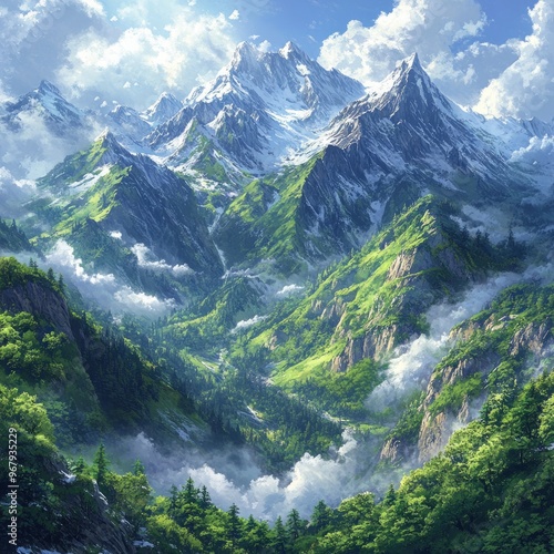 A breathtaking mountain landscape with lush greenery and snow-capped peaks.