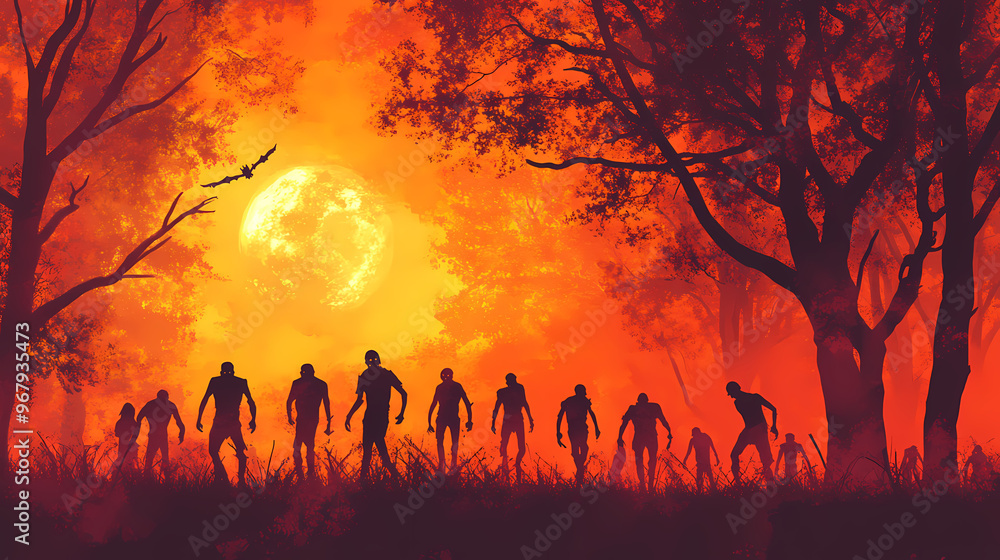 Fantasy scene hroup of zombie walking. halloween concept generative ai. Zombie. Illustration Fantasy scene hroup of zombie walking. halloween concept generative ai. Zombie. Illustration