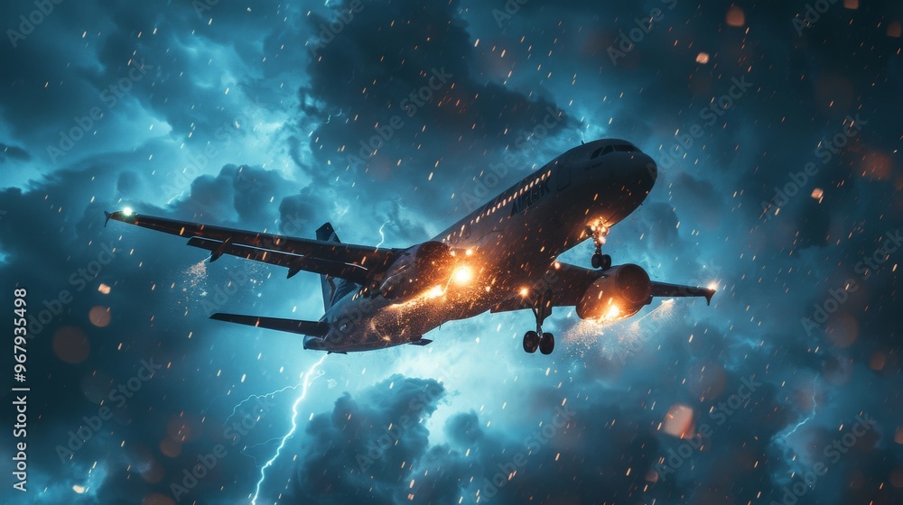 Obraz premium Lightning strikes near a commercial aircraft flying through a heavy storm