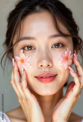 Beautiful Asian Woman with Flowers Skincare Cosmetics Beauty Portrait Natural Makeup Glowinge Skin Healthy Fresh Skin Wellness Spa Treatment Dermatology Cosmetology Skincare Routine photo