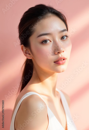 Beautiful Asian woman healthy skin care female portrait lady cosmetic beauty model face close up eyes nose lips perfect make up foundation spa treatment pink background