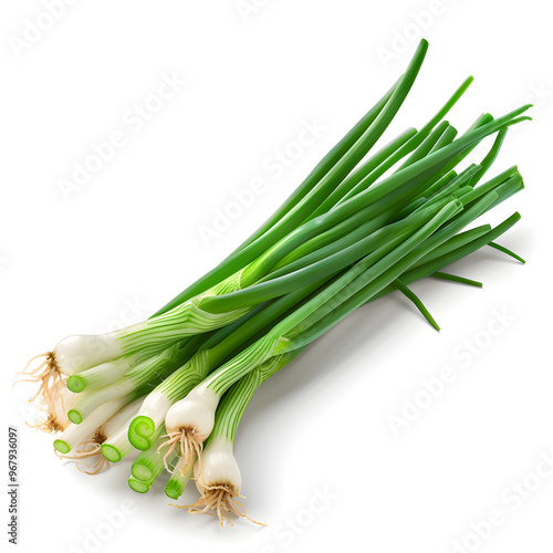 Green onions on a white background, realistic style