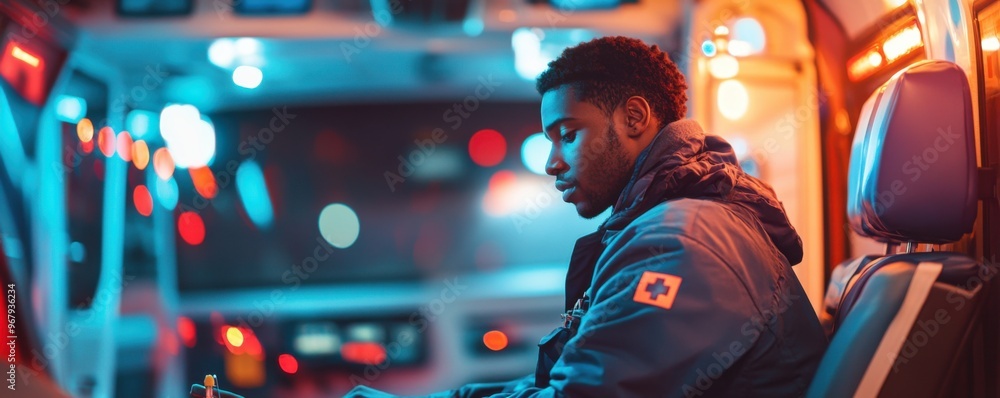 Obraz premium Afro paramedic in uniform works in ambulance during a night shift, panorama banner. Generative AI.