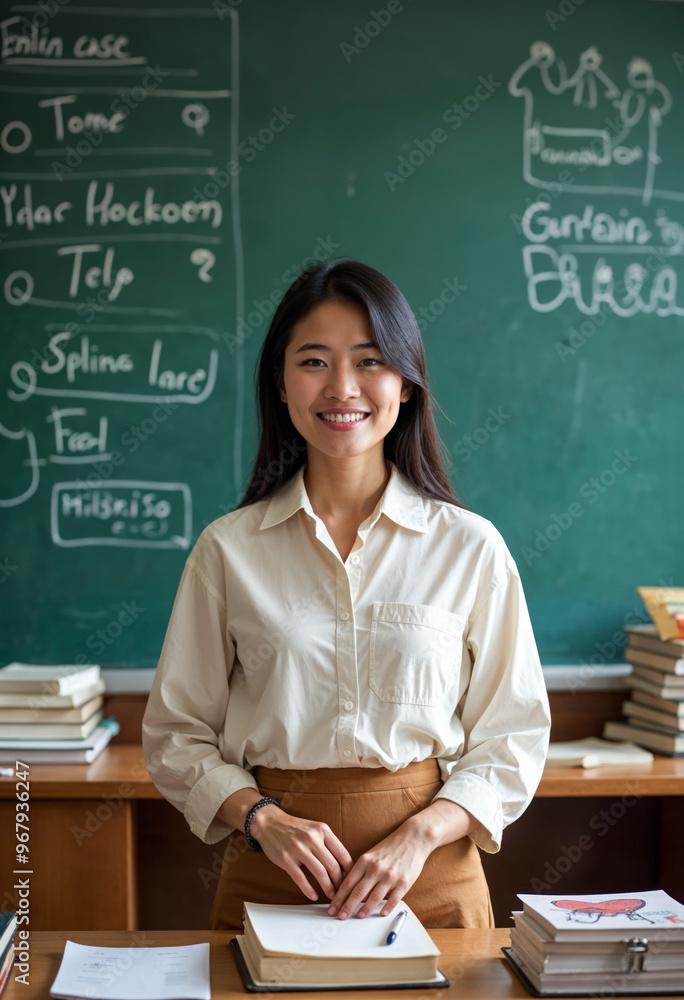 Portrait Smiling Young Asian Female Teacher Classroom Background Chalkboard Education Knowledge Back To School Teacher Appreciation College University Professor Instructor Teaching Learning Studying