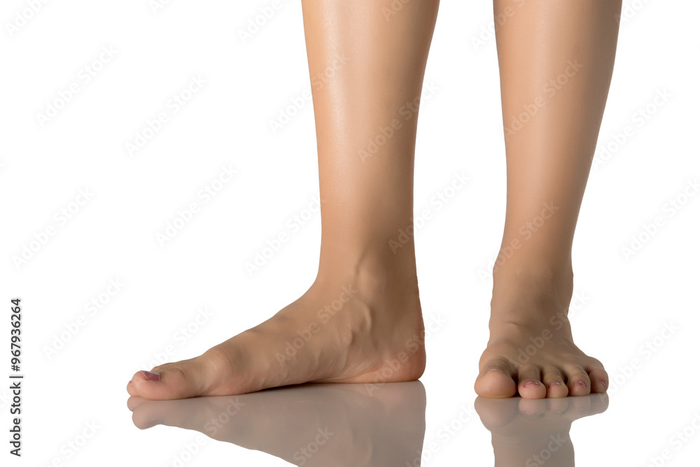 Front and side view of a female bare feet on a white studio background. Front and side view of a female bare feet on a white studio background.