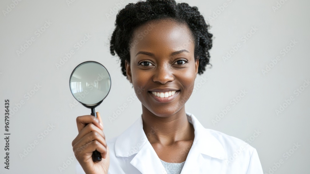 A forensic scientist holding a magnifying glass and smiling confidently. A forensic scientist holding a magnifying glass and smiling confidently.