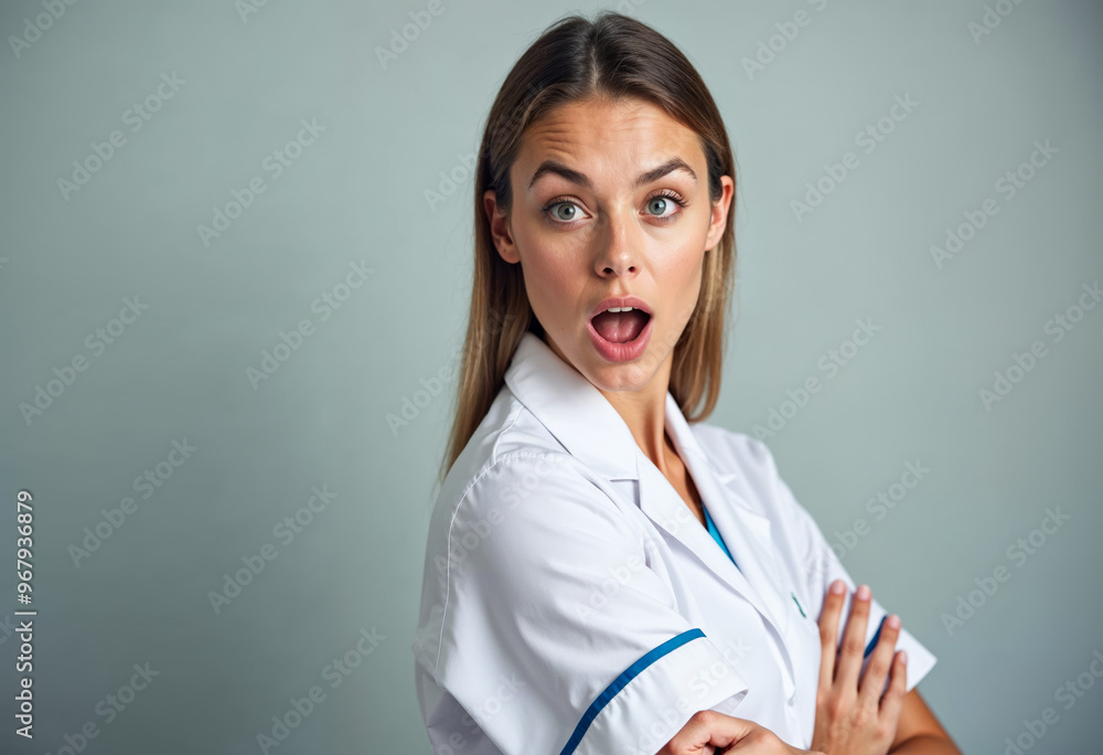 Shocked female doctor in lab coat looking surprised with arms crossed against solid background healthcare professional medical expert astonishment amazement unexpected news medical discovery health Shocked female doctor in lab coat looking surprised with arms crossed against solid background healthcare professional medical expert astonishment amazement unexpected news medical discovery health