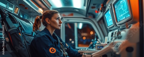 European paramedic in uniform works in ambulance during a night shift, panorama banner. Generative AI.