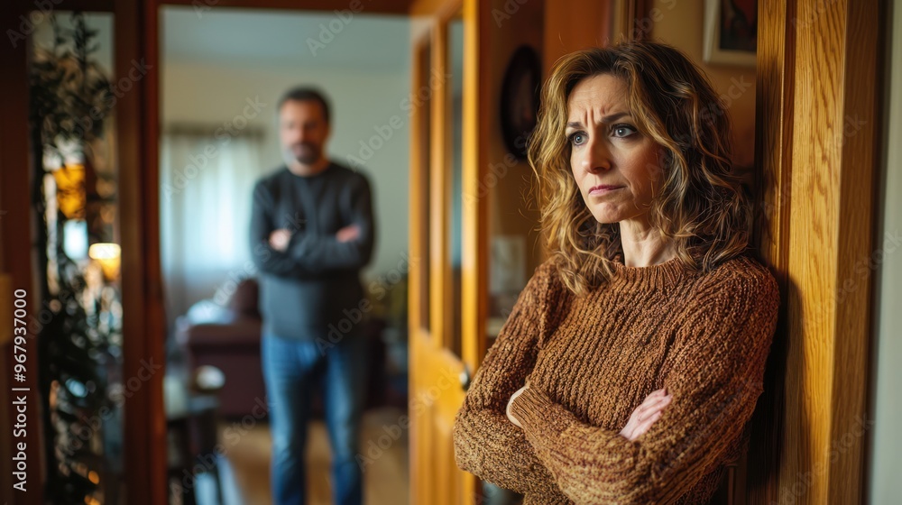 A jealous wife standing in the doorway, arms crossed, as her husband arrives home late. A jealous wife standing in the doorway, arms crossed, as her husband arrives home late.