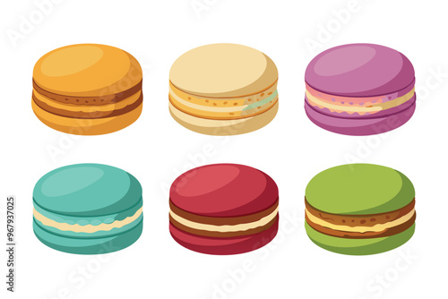 Set of different types Macaron cookies drawing vector illustration on white background