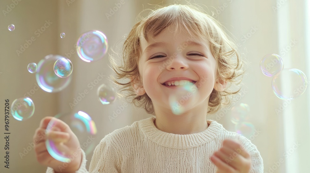 A kid blowing bubbles, smiling brightly as they float away. A kid blowing bubbles, smiling brightly as they float away.