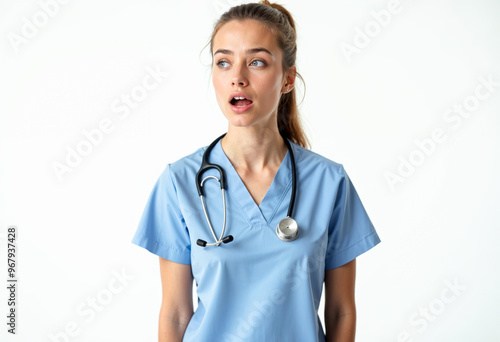 Shocked Female Doctor In Blue Scrubs With Stethoscope Looking Up In Awe On White Background Healthcare And Medical Concept With Copy Space