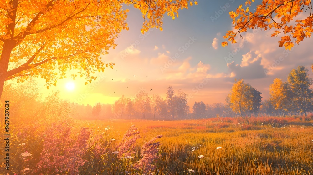 Serene sunset over a vibrant autumn landscape. Serene sunset over a vibrant autumn landscape.