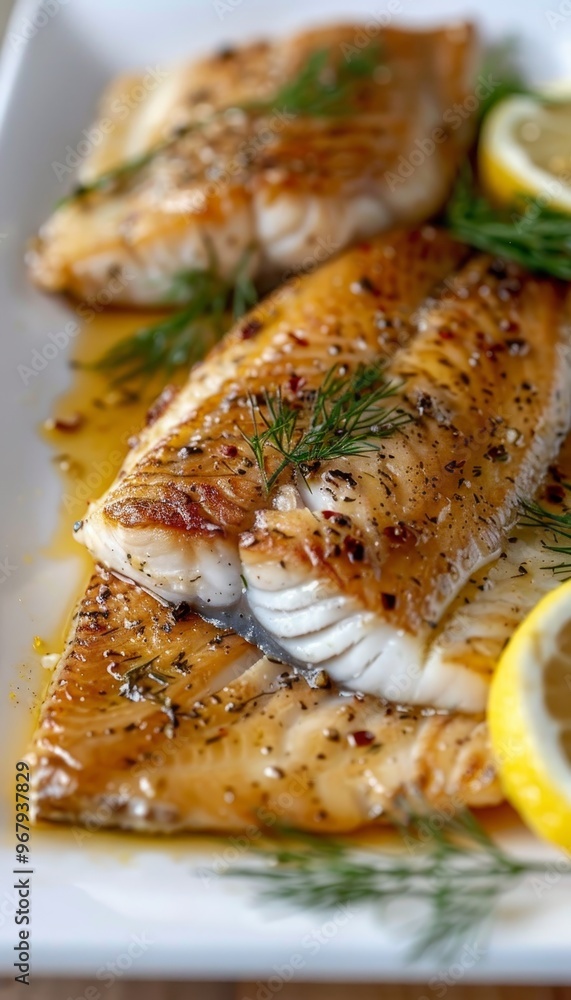 Succulent seared tilapia fillets garnished with lemon and dill in buttery sauce on a clean plate Succulent seared tilapia fillets garnished with lemon and dill in buttery sauce on a clean plate