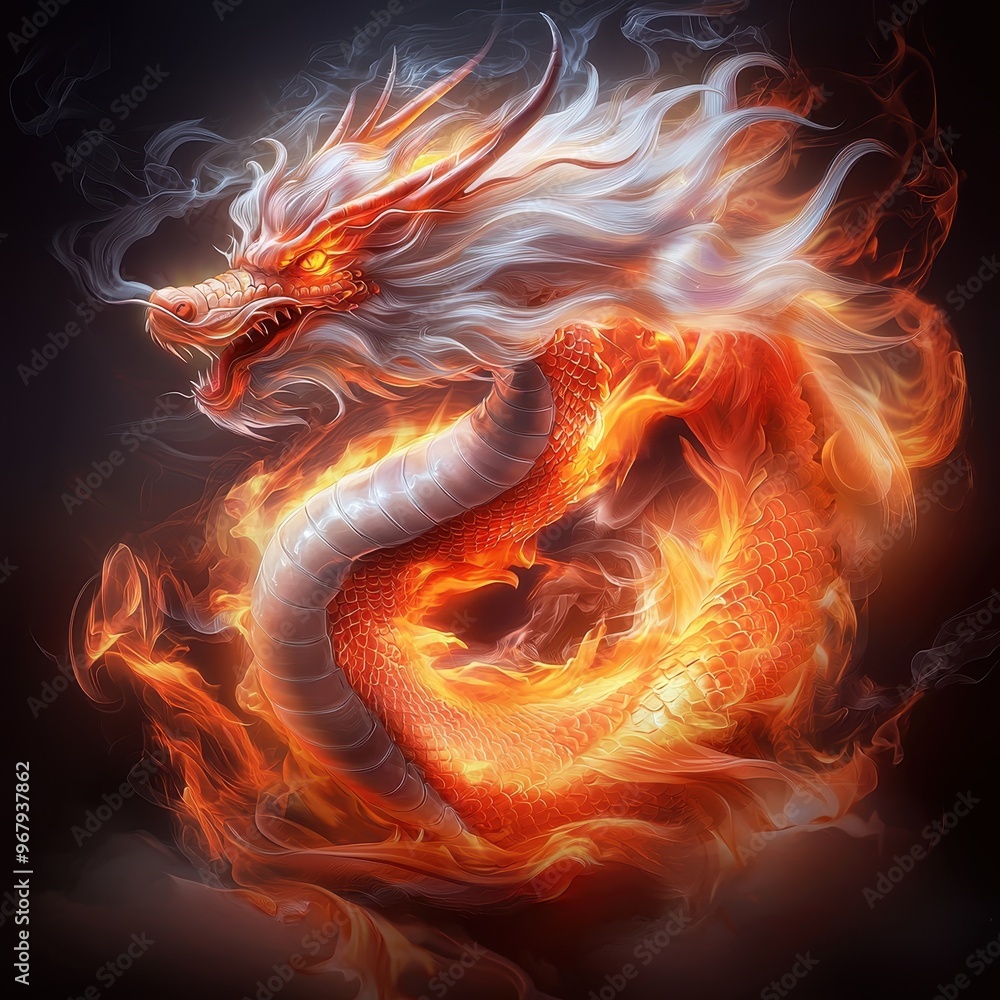 Majestic fire dragon swirling with flames and smoke, radiating power and mystique. Majestic fire dragon swirling with flames and smoke, radiating power and mystique.