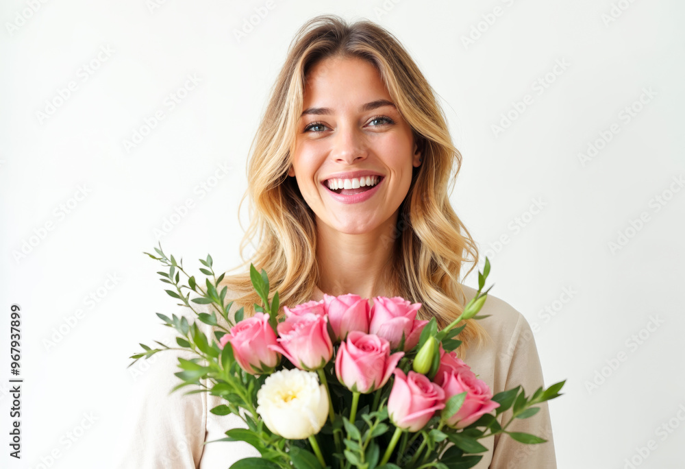 Beautiful woman with long blonde hair smiles brightly holding bouquet of pink roses love romance happiness mothers day gift special occasion floral beauty fresh flowers spring celebration romantic Beautiful woman with long blonde hair smiles brightly holding bouquet of pink roses love romance happiness mothers day gift special occasion floral beauty fresh flowers spring celebration romantic