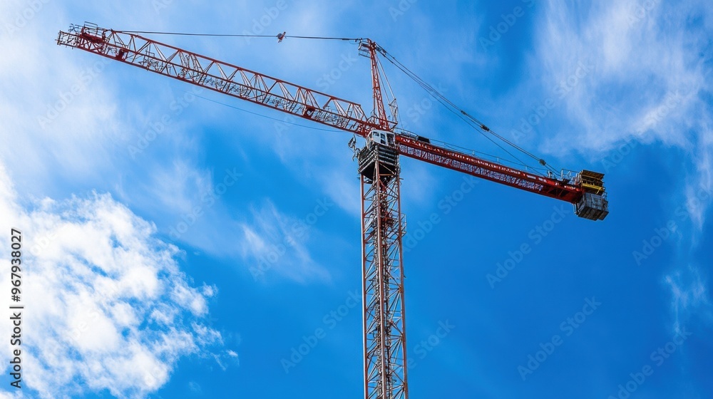 Tall Crane Hoisting Building Materials on a Construction Site Under a Bright Blue Sky Tall Crane Hoisting Building Materials on a Construction Site Under a Bright Blue Sky