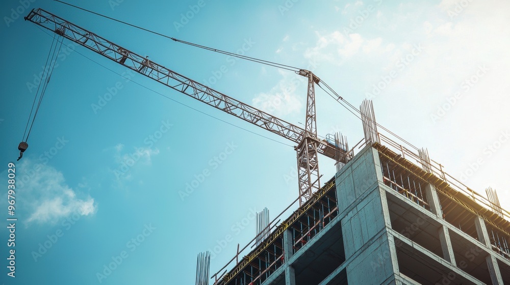 Tall Construction Crane Lifting Steel Beams at Urban Skyscraper Building Site Under Blue Sky