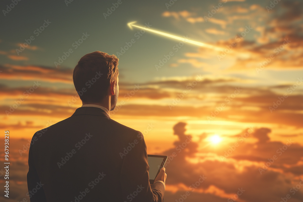 Fototapeta premium Business concept. Successful career takeoff. Growing Profitable investment . Businessman considering options with arrows pointing. Concept of decision making and direction.