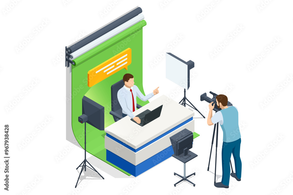 Isometric TV studio. NEWS studio with light equipment ready for recordind release. Isometric TV studio. NEWS studio with light equipment ready for recordind release.